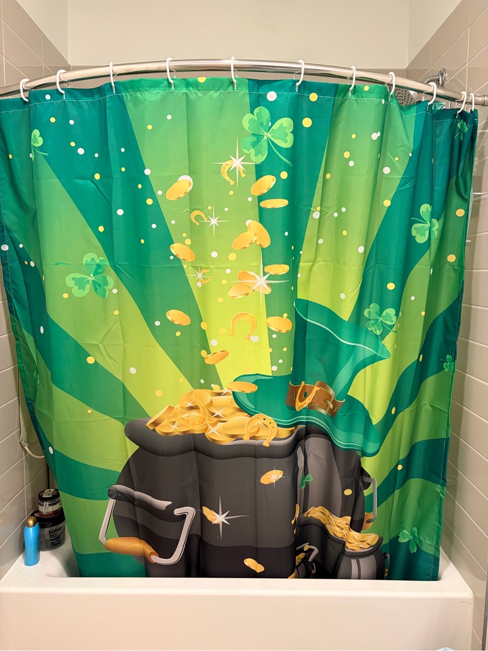 Kids Green Shamrock & Gold Coins Shower Curtain - Fun Bath Decor